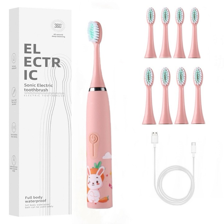 Periuta de dinti electrica pentru copii, Reimungkot, 32000 actiuni pe minut, 4 moduri de curatare, set cu 8 capete, impermeabil IPX7，roz