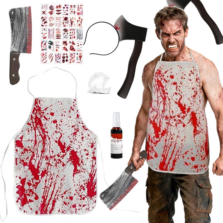 Moizkna hentes jelmez, baltával és hegekkel, Halloweenre, felnőtt