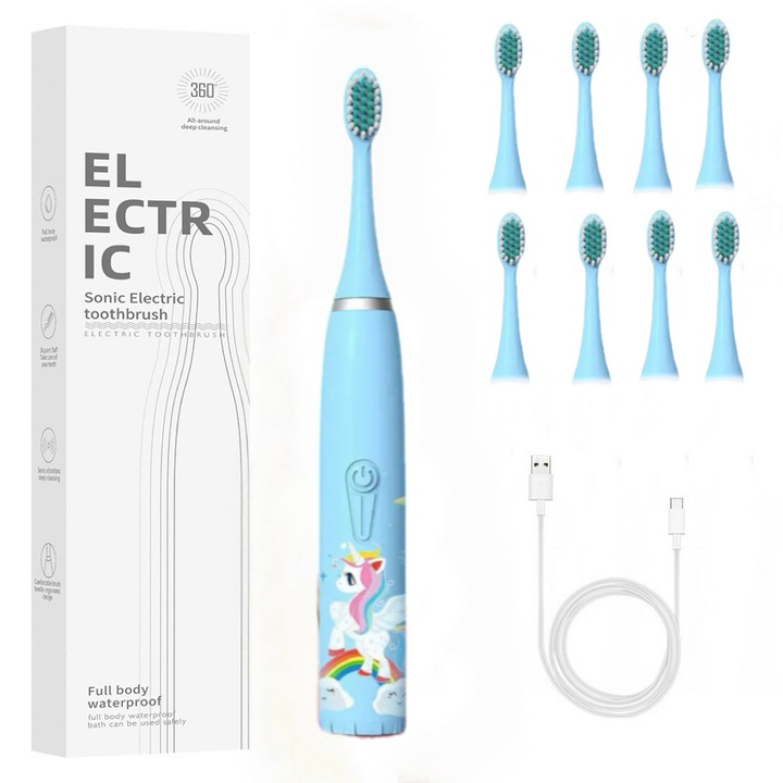 Електрическа четка за зъби за деца, Reimungkot, 32000 движения в минута, 4 режима на почистване, комплект с 8 глави, водоустойчива IPX7, синя