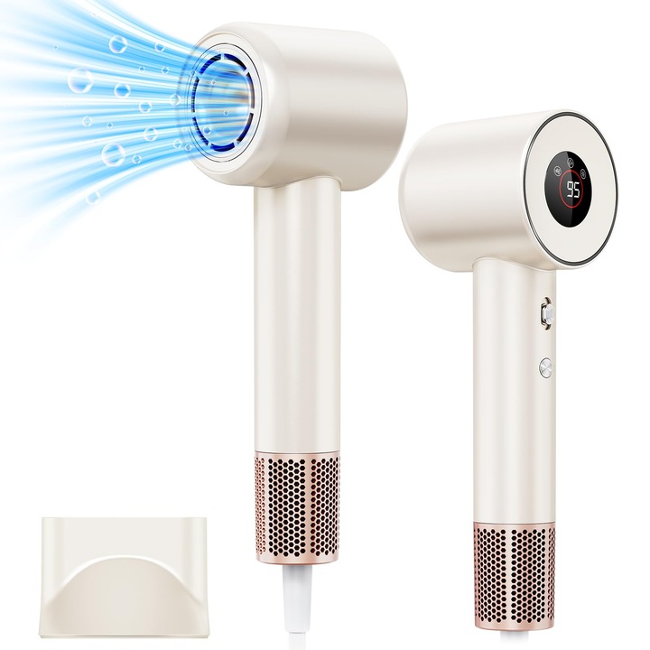 Професионален сешоар с 500 милиона отрицателни йони, безчетков мотор 140 000 RPM за бързо сушене, LED дисплей, 2 степени на скорост и 4 на топлина, за салон, дома, пътуване, бежов