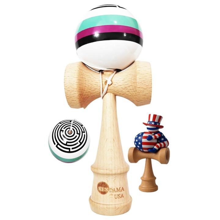 Fából készült Kendama, Brasoveanul Urias, labdával, vízálló USA matrica, 18x7cm