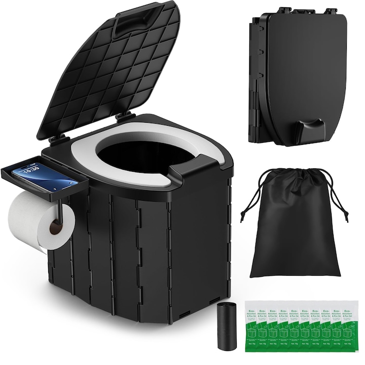 Hordozható kemping WC, Synvion, összecsukható, 5L kapacitás, szemeteszsákkal, hordtáskával
