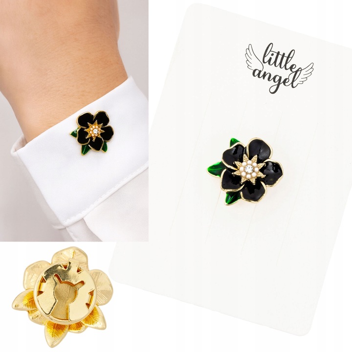 Buton decorativ Little Angel floare neagră cu frunze verzi, detalii aurii, 13mm