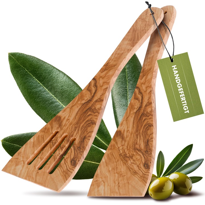 Hauswald olíva fa spatulák, 2 darabos készlet, extra széles, zárt, antibakteriális, hőálló