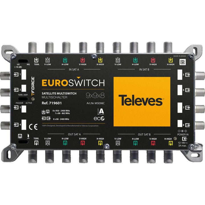Multiswitch TELEVES 9x9x8, 9 intrari, 8 iesiri, 12-18V, 205x120x45mm