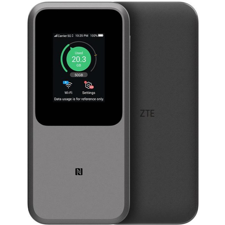 Router mobil ZTE MU5120 5G, tehnologie 5G, compatibilitate ridicata, port USB, dimensiuni detaliate disponibile.