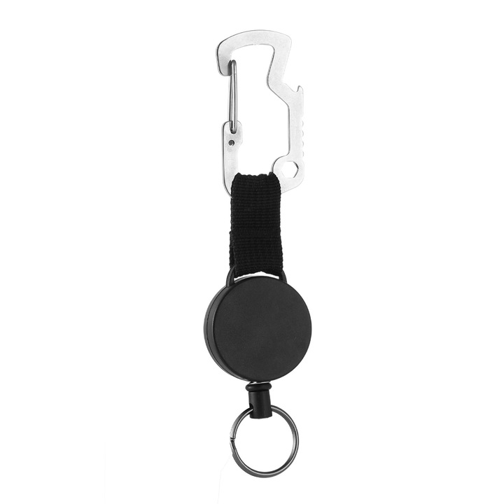 Breloc Retractabil Tip Yoyo, Suport Ecuson cu Snur Metalic, Carabina Durabila, Culoare Negru