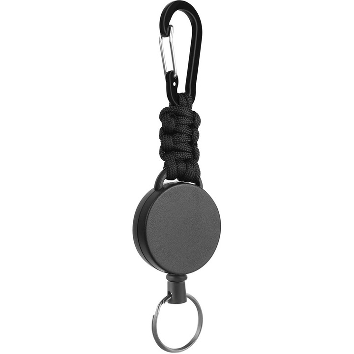 Breloc Retractabil Tip Yoyo cu Sarma de Otel, Carabina Durabila, Multifunctional pentru Ecuson si Chei, Culoare Negru