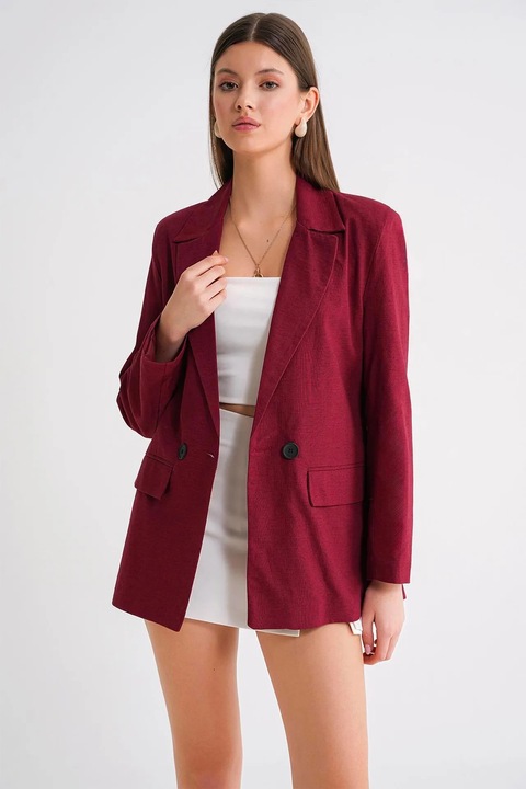 Sacou dama, Mixray, blazer cu nasturi, rosu burgundy, amestec de in