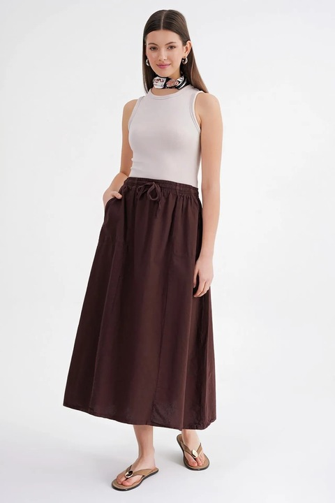 Fusta Mixray din poplin cu talie inalta, maro cafea, textil