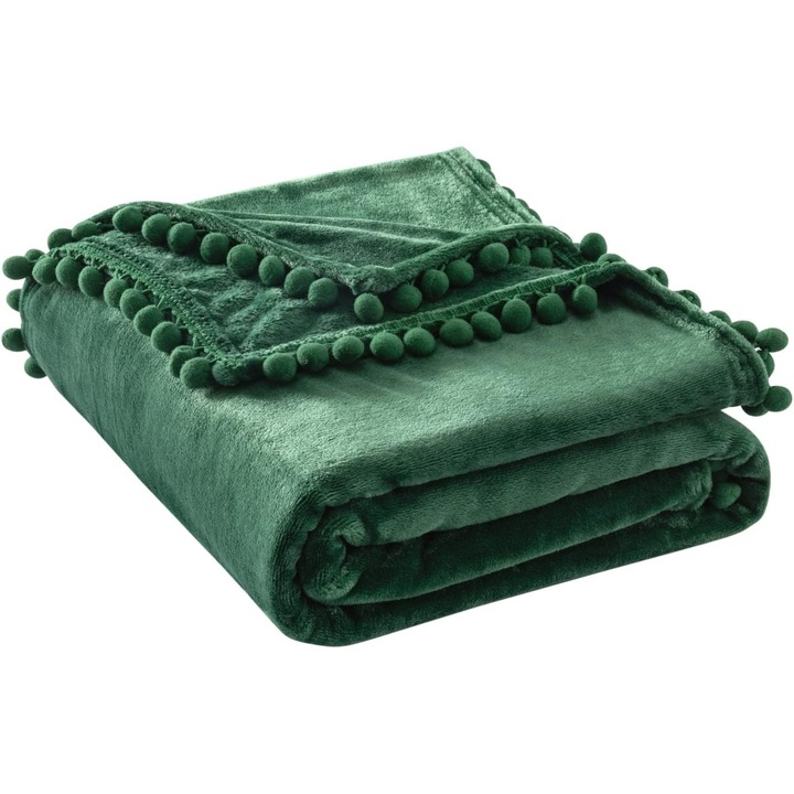 Patura Flanel 170×210 cm – Super Pufoasa, Tip Velur, Design cu Ciucuri Pom-Pom, Moale & Calduroasa, Ideala pentru Canapea, Pat, Calatorii si Picnic, Verde Inchis
