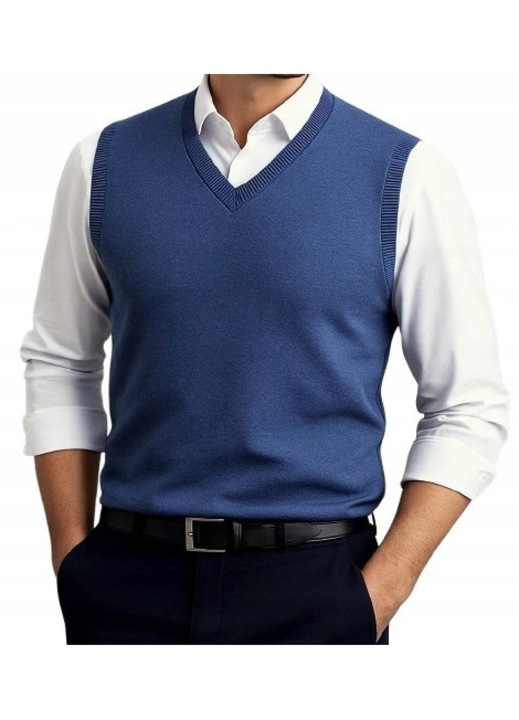 Pulover barbati, vesta, bej/albastru, poliester/casmir, fara maneci, regular fit