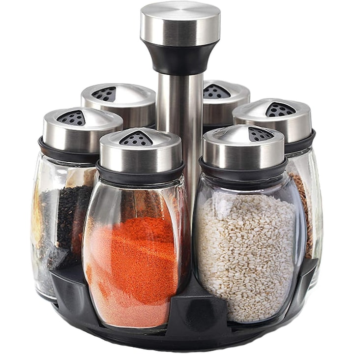 Organizator Rotativ Condimente, Set 6 Borcanase Sticla, Capace Inox, 16x16cm