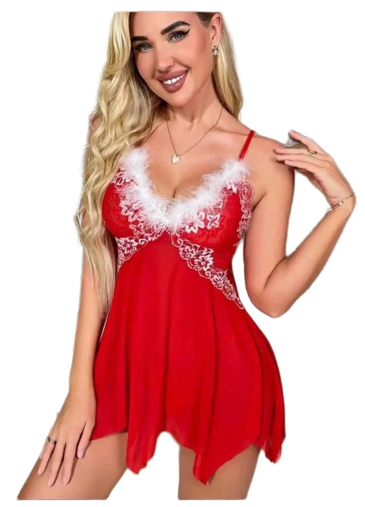 Lenjerie sexy, neglijeu rosu din dantela, cu puf, marimea XL