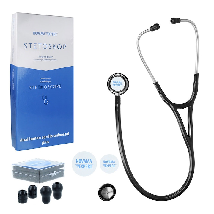 Stetoscop cardiologic Novama Expert, cap dublu din otel inoxidabil, 2 seturi de olive auriculare din silicon, o diafragma de schimb, Negru