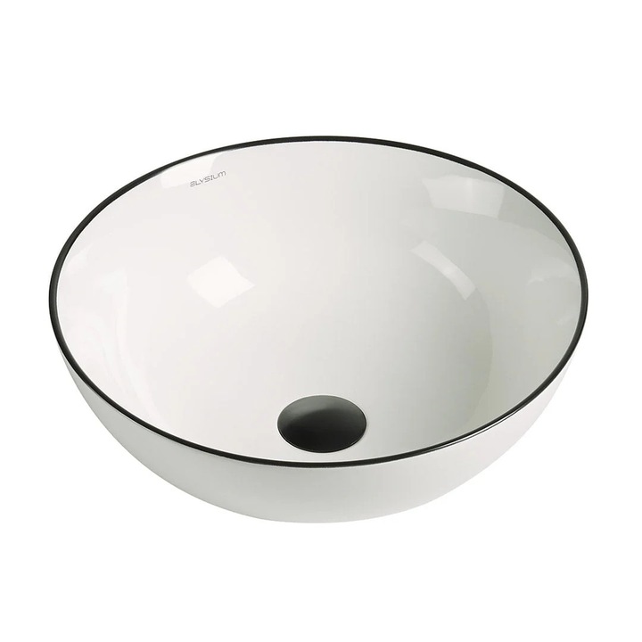 Lavoar baie Elysium Loire, rotund, ceramica sanitara, alb lucios cu margini negre, 41.5 cm