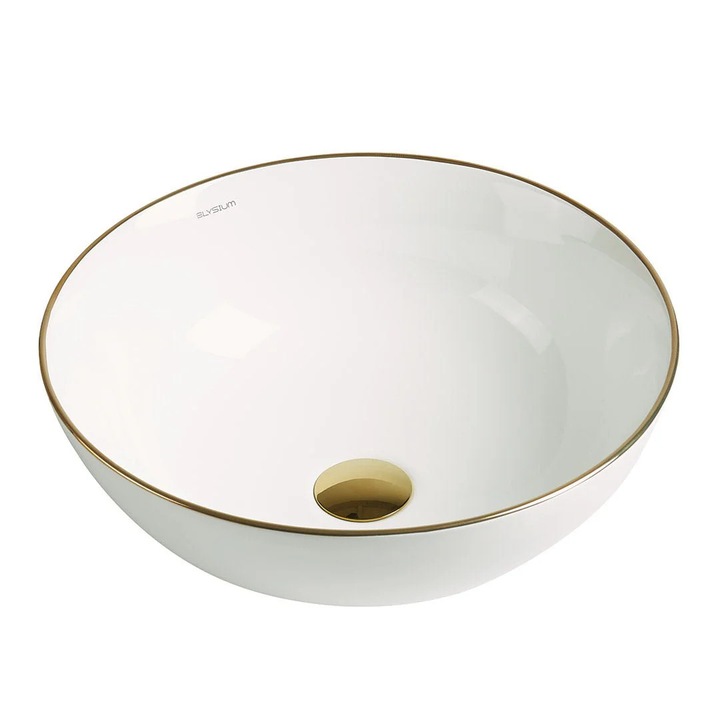 Lavoar de baie Elysium Loire, rotund, alb lucios cu margini aurii, 41.5 cm, montaj pe blat