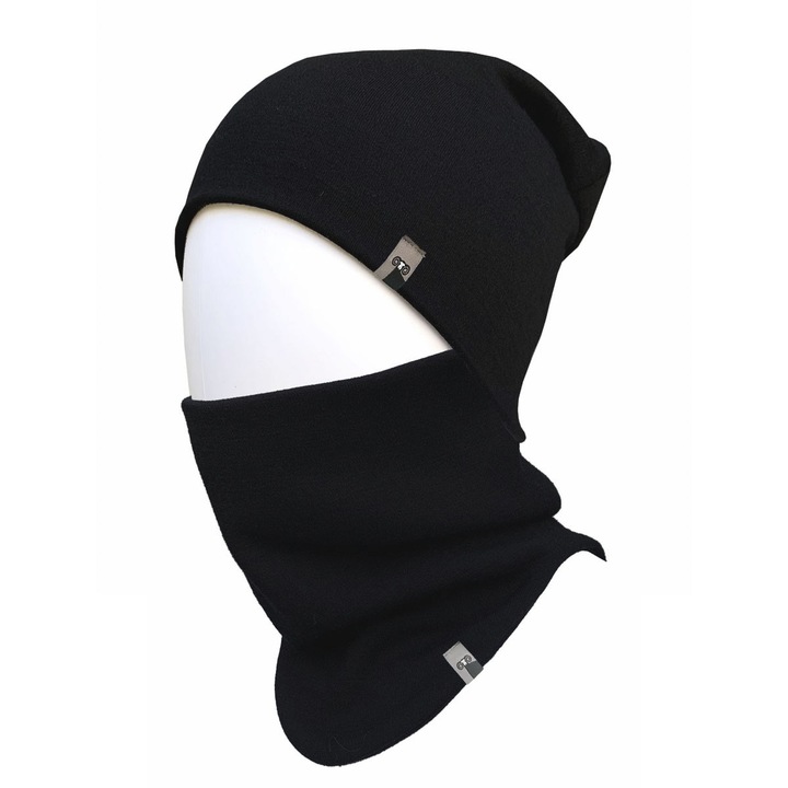 Set caciula si guler din lana merinos extrafina, Black, Unisex