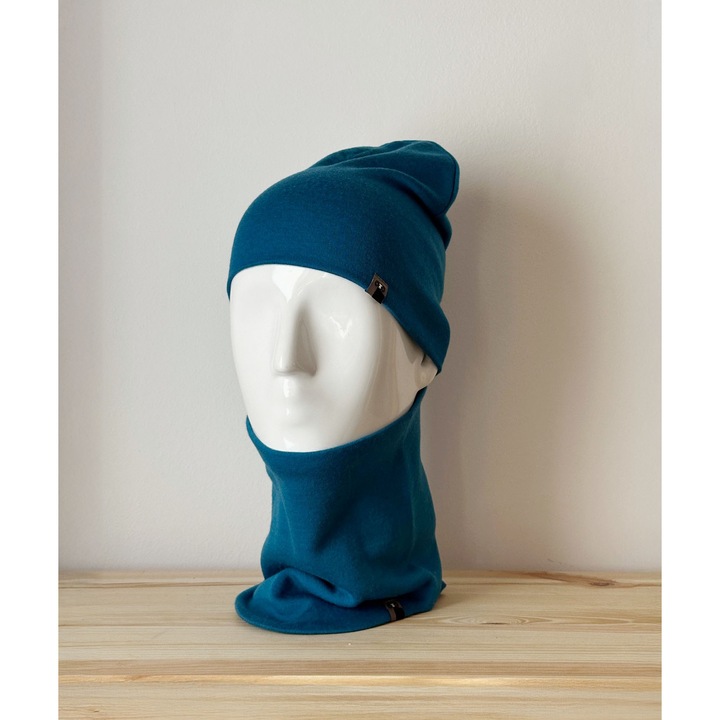 Set caciula si guler din lana merinos extrafina, Blue, Unisex