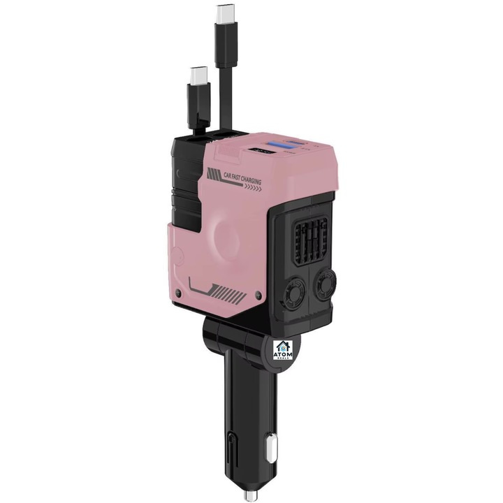 Incarcator auto retractabil 4-in-1 ATOM DEALS, 120W incarcare super rapida, cablu telescopic 80cm, 1 cablu USB typeC, 1 cablu iPhone, port USB typeC 5V/3A, 1 port USB A 5V/2.4A, protectie supraincalzire, afisaj LED, roz