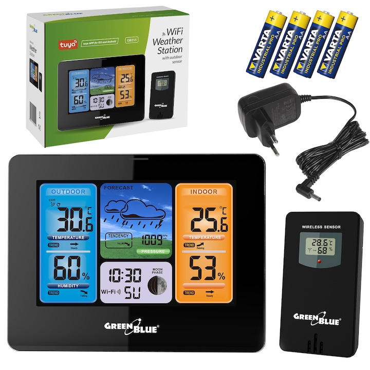 Statie meteo WiFi GreenBlue, compatibila cu TUYA, senzor exterior, calendar, prognoza meteo, barometru, adaptor de alimentare, baterii, GB215