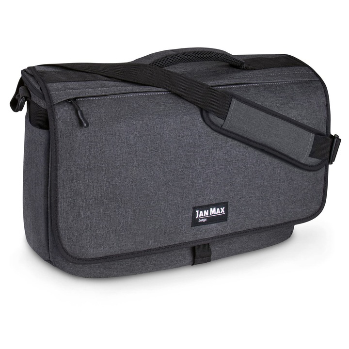 Geantă messenger Jan Max pentru laptop 17 inch, gri închis/negru, cu compartiment