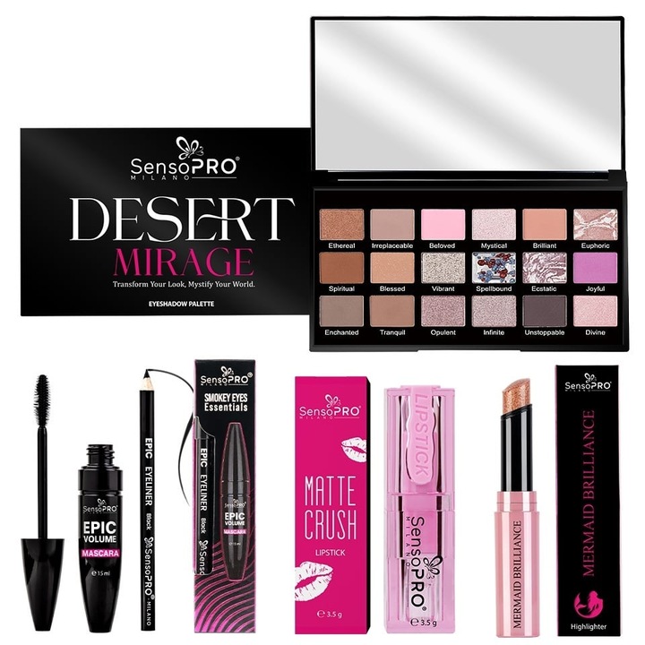 Комплект за грим SensoPRO Milano Christmas Dream, палитра сенки, молив и спирала, хайлайтър, матово червило, многоцветен