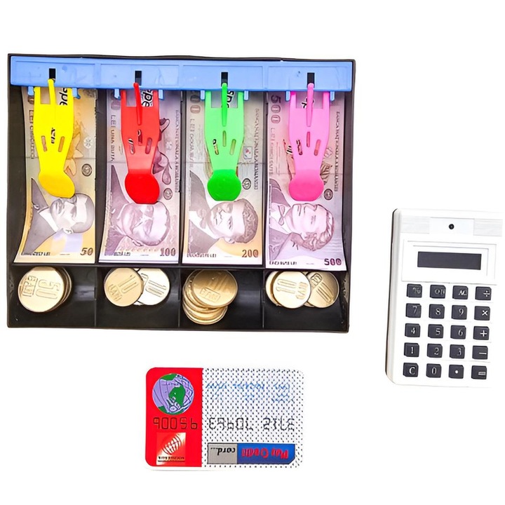 Set joc casierie pentru copii, sertar cu bancnote și monede, card bancar, calculator, plastic