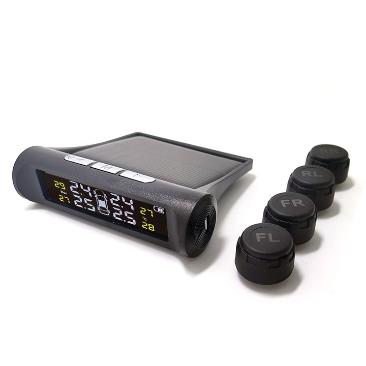 Sistem de monitorizare a presiunii în anvelope TPMS wireless, alarma în timp real, 4 senzori, energie solară, ăplastic