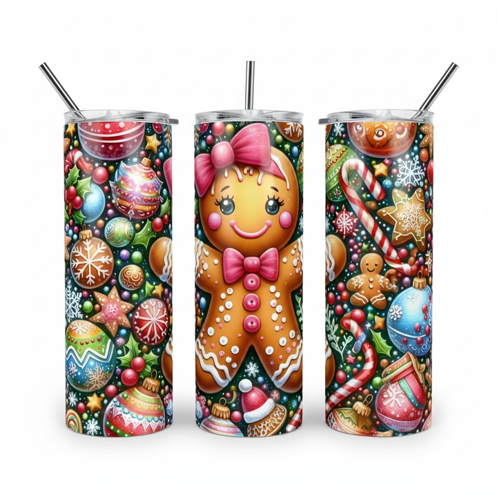 Cana termos Siphoria, inox premium, 600 ml, izolatie dubla, cu capac si pai reutilizabil, design festiv Gingerbread Girl, pastreaza temperatura