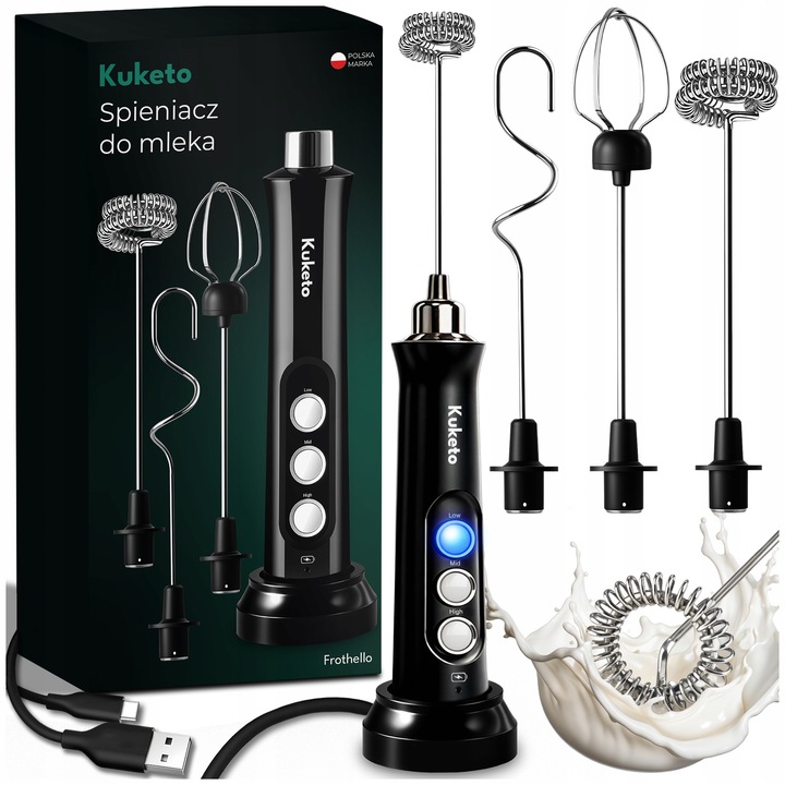 Aparat spumare lapte, Electric Kuketo, Baterie Puternica 1800 mAh, 3 Viteze, 10x0.5x0.5 kg