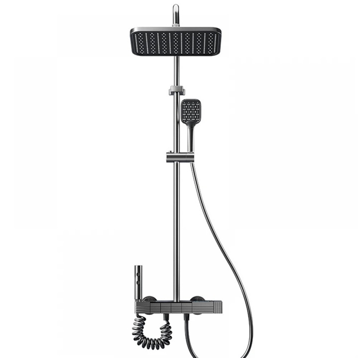 Coloana de Dus, Amalux®, Set de Dus Cu Afisaj Digital si Lumina LED Ambientala, 4 Functii Cu Butoane Tip Pian, Termostatata, Para de Dus Dreptunghiulara Cu Efect Ploaie, Inaltime Reglabila, Montare Pe Perete, Design Elegant, Negru