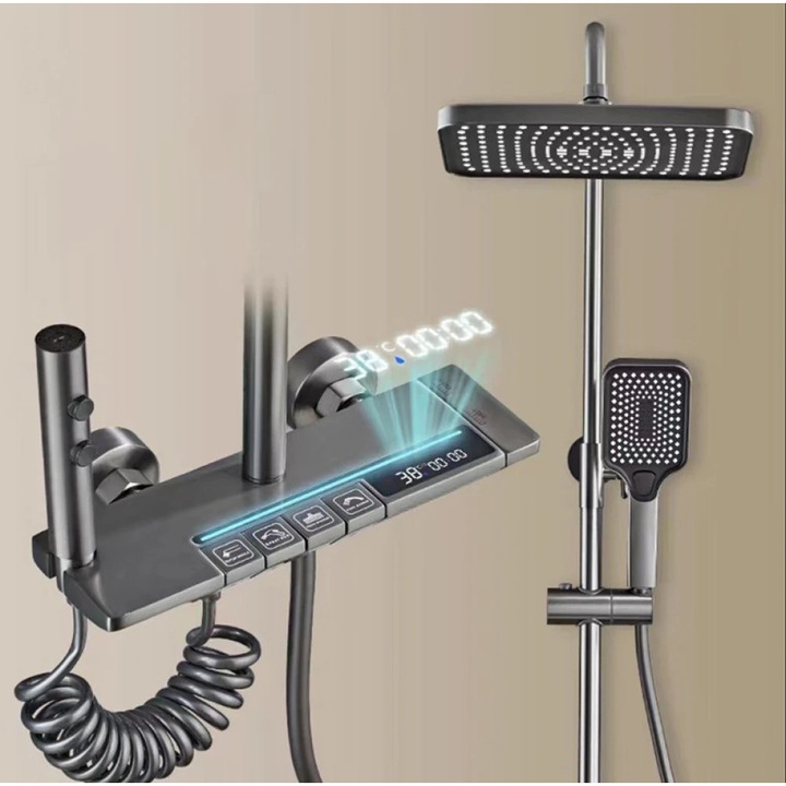 Coloana de Dus, Amalux®, Set de Dus Cu Afisaj Digital si Lumina LED Ambientala, 4 Functii Cu Taste Tip Pian, Termostatata, Para de Dus Dreptunghiulara Cu Efect Ploaie, Inaltime Reglabila, Montare Pe Perete, Design Modern, Gri