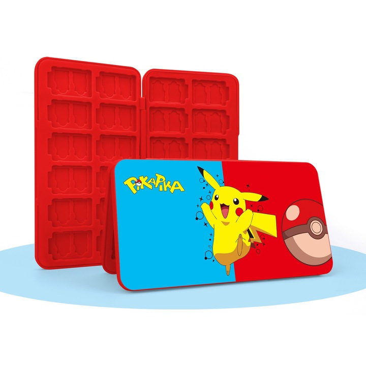 Кутия за гейм карти DUOCUOLA Nintendo Switch 2 и OLED, капацитет 24 карти Switch 2, 12 карти Switch OLED, лъскав червено-син дизайн с Пикачу, колекционерски калъф, аксесоар за игри