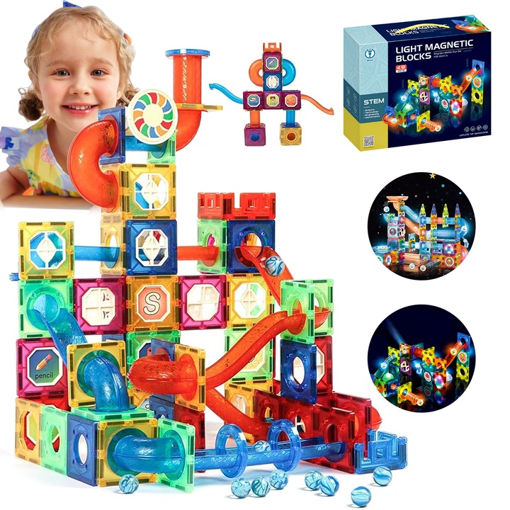 Set de Constructie Magnatic Wacorresi, 49 Piese, Include Traseu cu Bile, Pista cu Bile Luminoase, Blocuri ABS, STEM Educativ, Autocolante, Cadou Copii 3+, Multicolor