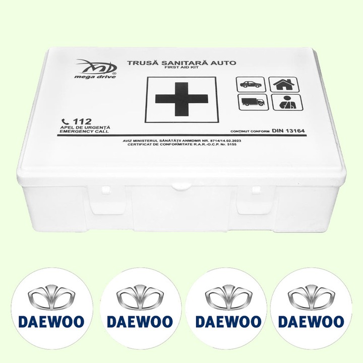 Trusa Medicala Auto Omologata R.A.R De Prim Ajutor, 20 de Articole medicale DIN 13164, 4x Stickere Auto Cu Daewoo