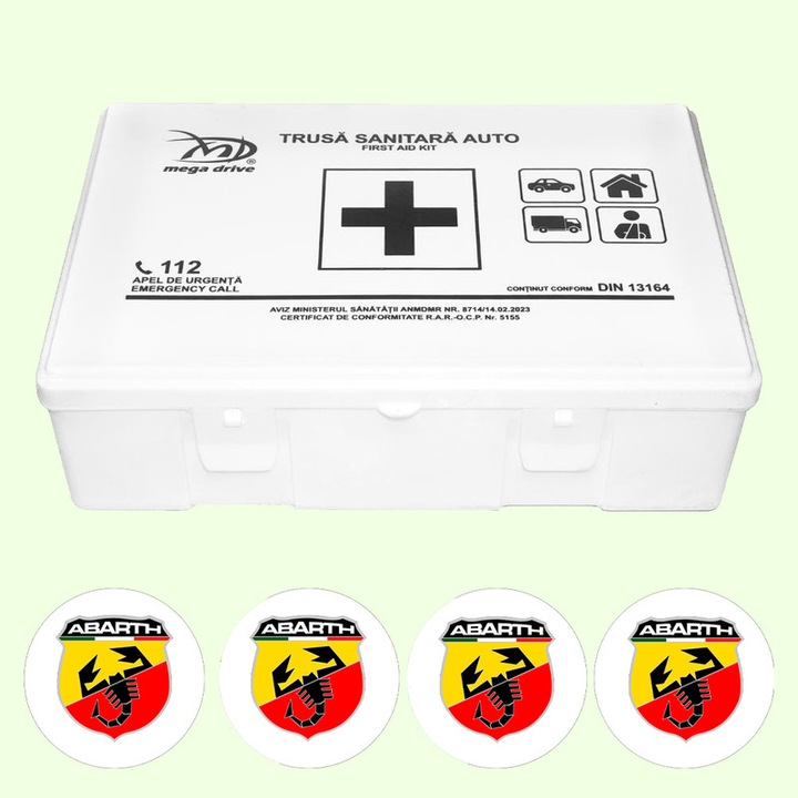 Trusa Medicala Auto Omologata R.A.R De Prim Ajutor, 20 de Articole medicale DIN 13164, 4x Stickere Auto Cu Abarth
