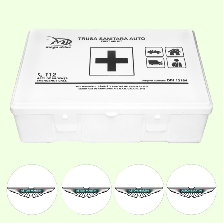 Trusa Medicala Auto Omologata R.A.R De Prim Ajutor, 20 de Articole medicale DIN 13164, 4x Stickere Auto Cu Aston-Martin