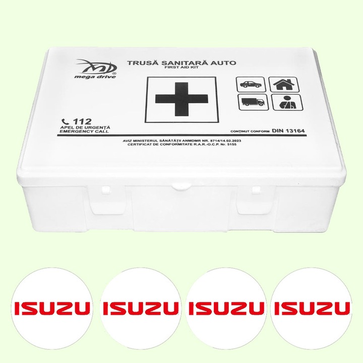 Trusa Medicala Auto Omologata R.A.R De Prim Ajutor, 20 de Articole medicale DIN 13164, 4x Stickere Auto Cu Isuzu