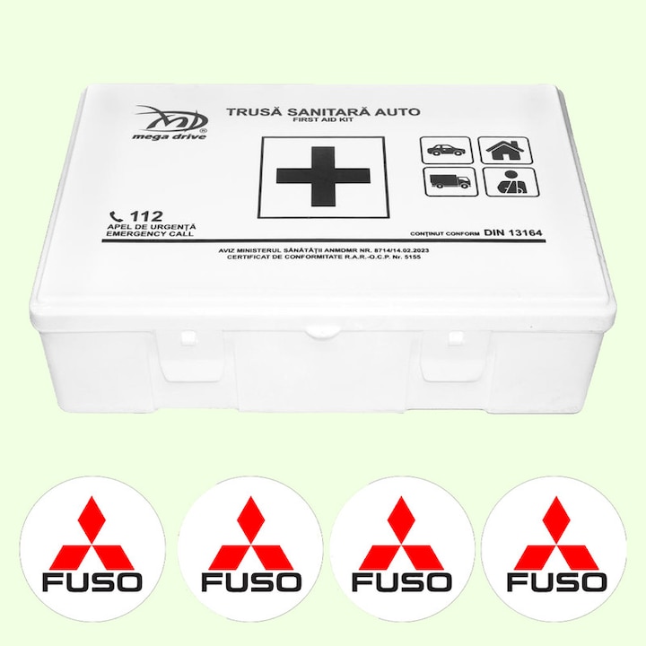 Trusa Medicala Auto Omologata R.A.R De Prim Ajutor, 20 de Articole medicale DIN 13164, 4x Stickere Auto Cu Fuso-(Mitsubishi)