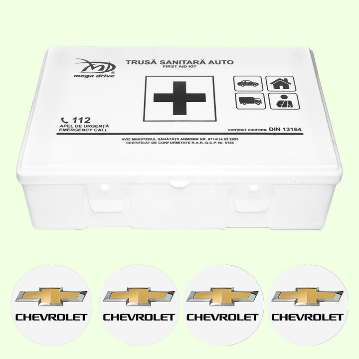 Trusa Medicala Auto Omologata R.A.R De Prim Ajutor, 20 de Articole medicale DIN 13164, 4x Stickere Auto Cu Chevrolet