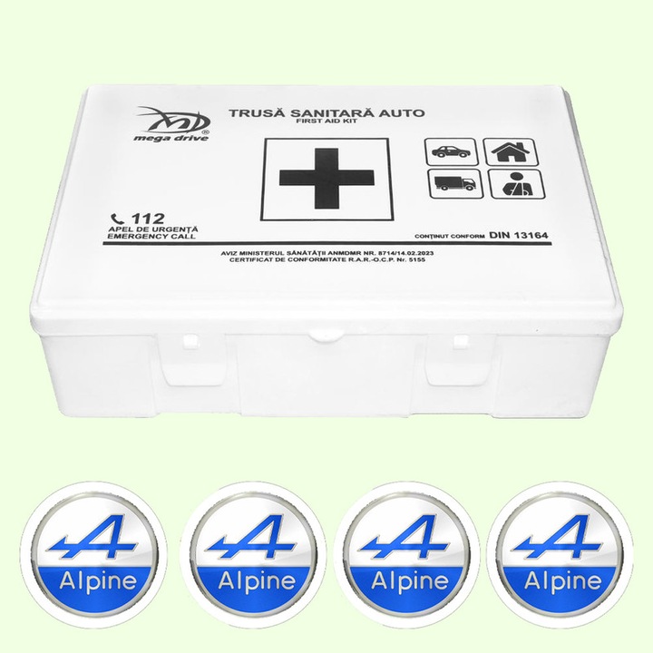 Trusa Medicala Auto Omologata R.A.R De Prim Ajutor, 20 de Articole medicale DIN 13164, 4x Stickere Auto Cu Alpine