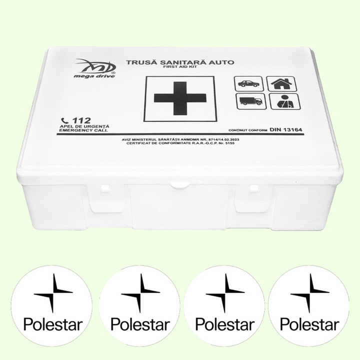 Trusa Medicala Auto Omologata R.A.R De Prim Ajutor, 20 de Articole medicale DIN 13164, 4x Stickere Auto Cu Polestar