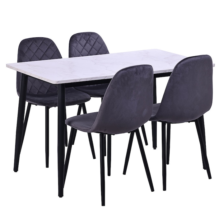 Set masa Rattatan 120x70cm cu blat marmura alba si 4 scaune Laura velur gri inchis
