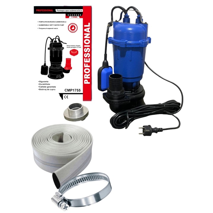 Set Pompa Apa Murdara WC, fosa, hazna cu plutitor si cutit exterior tocator, CAMPION® 3500W, contine 20 metri furtun pompieri panzat 2" si accesorii prindere rapida