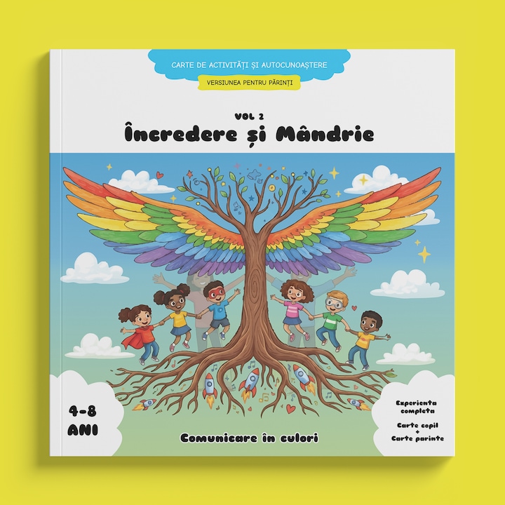 Carte activitati auto-cunoastere: desenat/colorat/scris/lucru manual, varianta Parinti, vol. 2 Incredere si Mandrie, 4-8 ani (max 13), 96 pagini, format patrat 22cm, 40 ilustratii