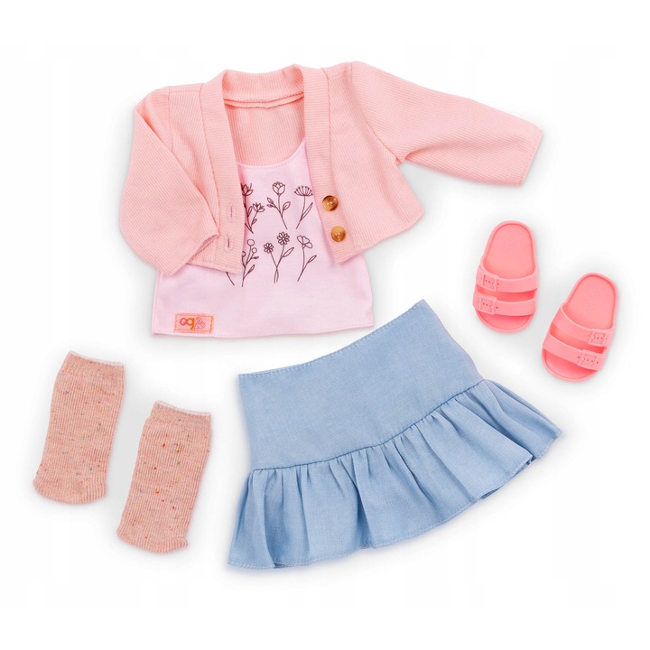 Set haine Our Generation Country Charm pentru papusi 46cm, top floral roz deschis, fusta blugi, ambalaj atractiv 27x21.5x4.5cm