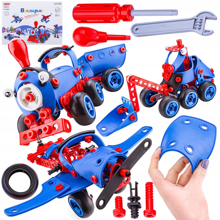 Építőkészlet 142 darabos 6 az 1-ben: Repülő, Vonat, Robot, Autó