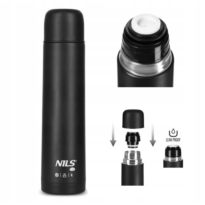 Thermos Termic 1L Negru Otel Inoxidabil - Camping, Trekking