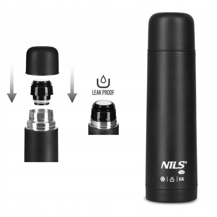 Termos NILS CAMP, 0.5L, Negru, Otel Inox, 12h cald/24h rece
